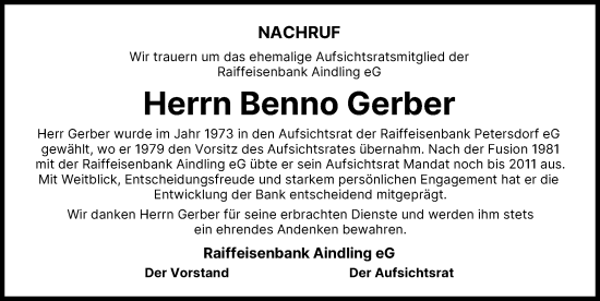 Traueranzeige von Benno Gerber von Aichacher Nachrichten