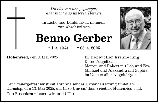 Traueranzeige von Benno Gerber von Aichacher Nachrichten, Augsburger Allgemeine