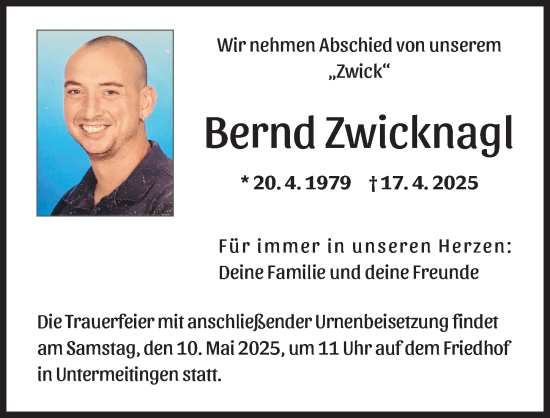 Traueranzeige von Bernd Zwicknagl von Schwabmünchner Allgemeine