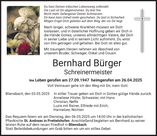Traueranzeige von Bernhard Bürger von Augsburg-Land, Wertinger Zeitung