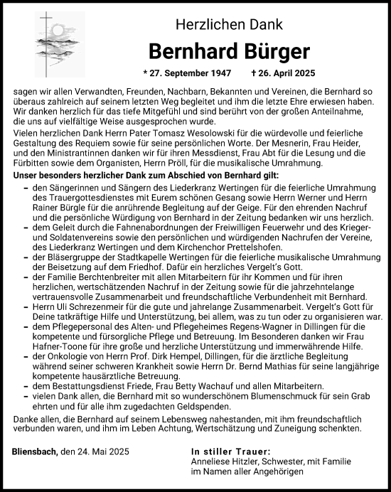 Traueranzeige von Bernhard Bürger von Augsburg-Land, Wertinger Zeitung