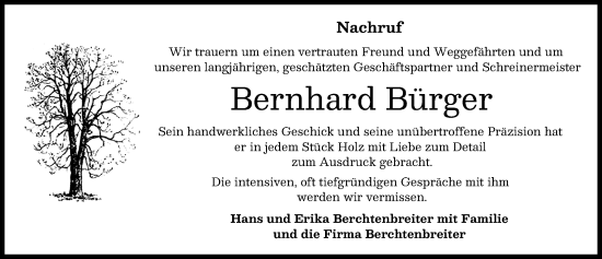 Traueranzeige von Bernhard Bürger von Wertinger Zeitung