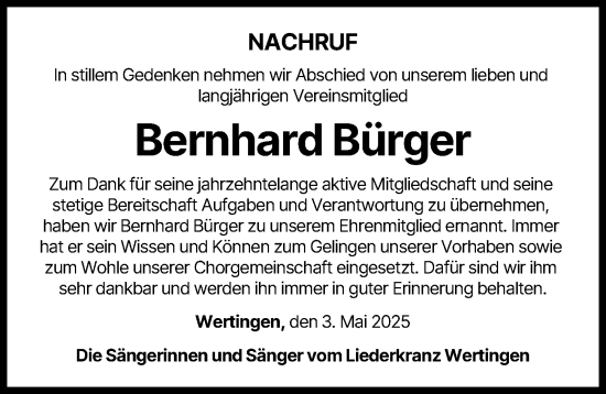 Traueranzeige von Bernhard Bürger von Wertinger Zeitung