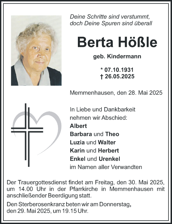 Traueranzeige von Berta Hößle von Mittelschwäbische Nachrichten