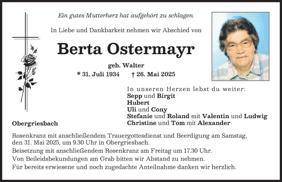 Traueranzeige von Berta Ostermayr von Aichacher Nachrichten
