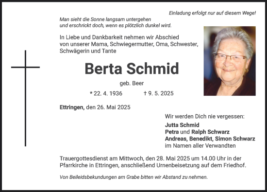 Traueranzeige von Berta Schmid von Mindelheimer Zeitung