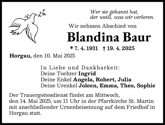 Traueranzeige von Blandina Baur von Augsburg-Land