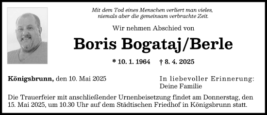 Traueranzeige von Boris Bogataj  Berle von Augsburger Allgemeine