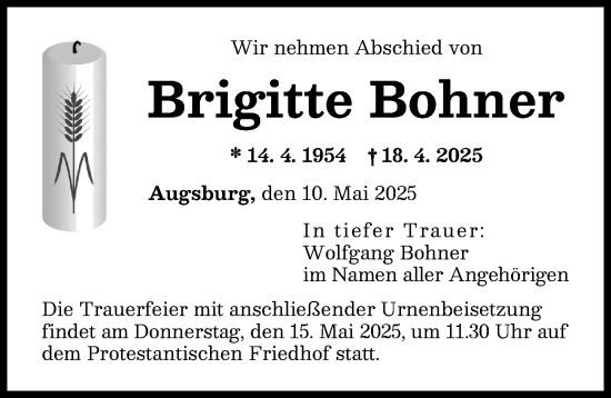 Traueranzeige von Brigitte Bohner von Augsburger Allgemeine