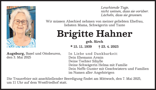 Traueranzeige von Brigitte Hahner von Augsburger Allgemeine