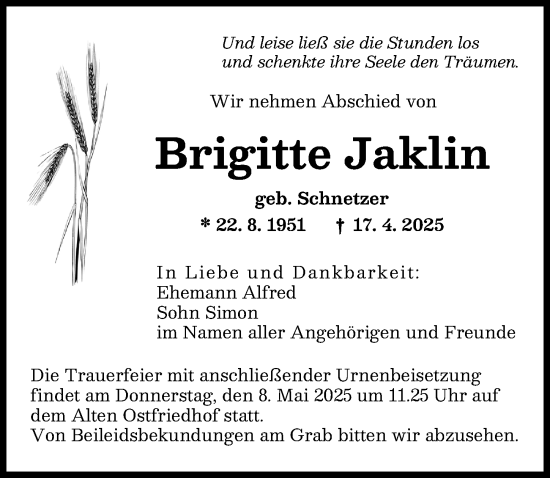 Traueranzeige von Brigitte Jaklin von Augsburger Allgemeine