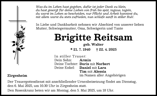 Traueranzeige von Brigitte Reitsam von Donauwörther Zeitung