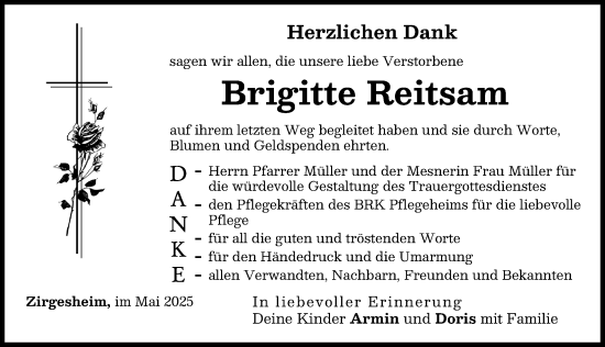 Traueranzeige von Brigitte Reitsam von Donauwörther Zeitung