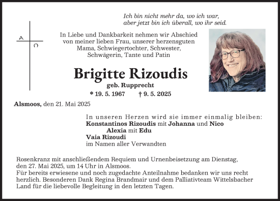 Traueranzeige von Brigitte Rizoudis von Aichacher Nachrichten