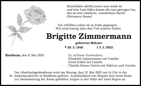 Traueranzeige von Brigitte Zimmermann von Günzburger Zeitung