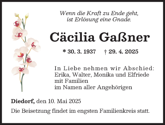 Traueranzeige von Cäcilia Gaßner von Augsburger Allgemeine