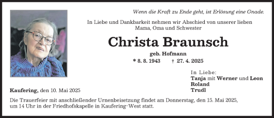 Traueranzeige von Christa Braunsch von Landsberger Tagblatt