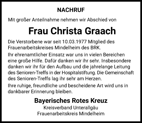 Traueranzeige von Christa Graach von Mindelheimer Zeitung