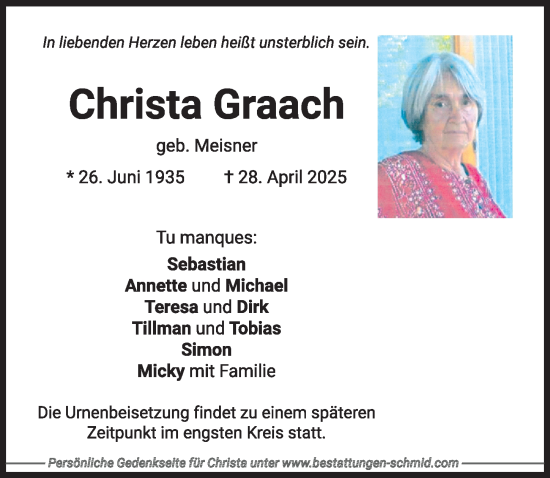 Traueranzeige von Christa Graach von Mindelheimer Zeitung