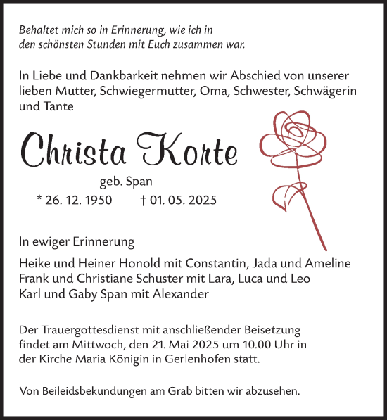Traueranzeige von Christa Korte von Neu-Ulmer Zeitung, Augsburger Allgemeine