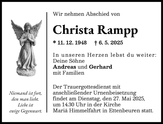 Traueranzeige von Christa Rampp von Günzburger Zeitung