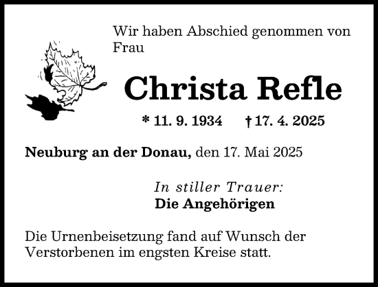 Traueranzeige von Christa Refle von Neuburger Rundschau