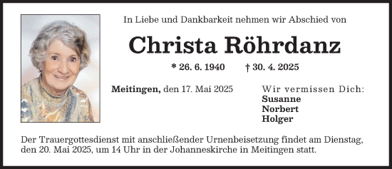 Traueranzeige von Christa Röhrdanz von Augsburg-Land