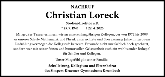 Traueranzeige von Christian Loreck von Mittelschwäbische Nachrichten
