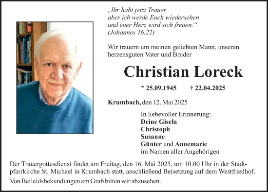 Traueranzeige von Christian Loreck von Mittelschwäbische Nachrichten, Augsburger Allgemeine