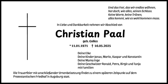Traueranzeige von Christian Paal von Augsburger Allgemeine