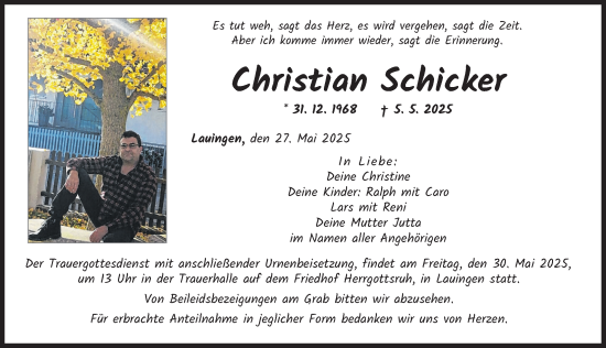 Traueranzeige von Christian Schicker von Donau Zeitung