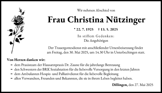 Traueranzeige von Christina Nützinger von Donau Zeitung