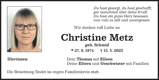 Traueranzeige von Christine Metz von Illertisser Zeitung