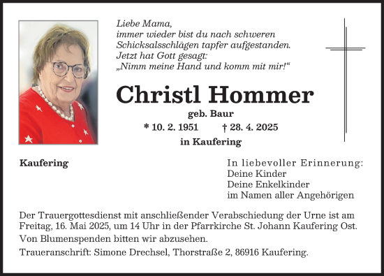 Traueranzeige von Christl Hommer von Landsberger Tagblatt