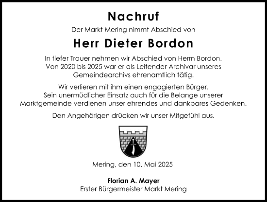 Traueranzeige von Dieter Bordon von Friedberger Allgemeine