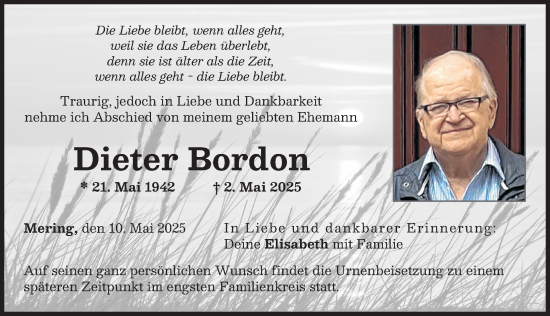 Traueranzeige von Dieter Bordon von Friedberger Allgemeine
