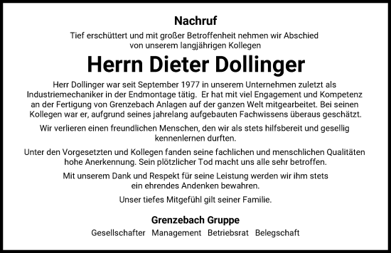 Traueranzeige von Dieter Dollinger von Donauwörther Zeitung