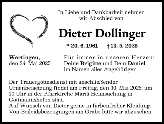 Traueranzeige von Dieter Dollinger von Donauwörther Zeitung