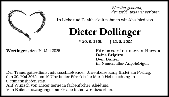 Traueranzeige von Dieter Dollinger von Wertinger Zeitung