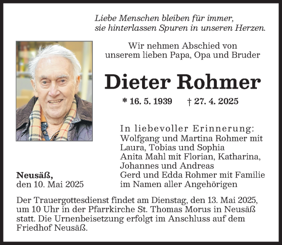 Traueranzeige von Dieter Rohmer von Augsburg-Land