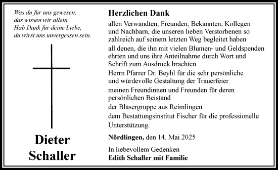 Traueranzeige von Dieter Schaller von Rieser Nachrichten