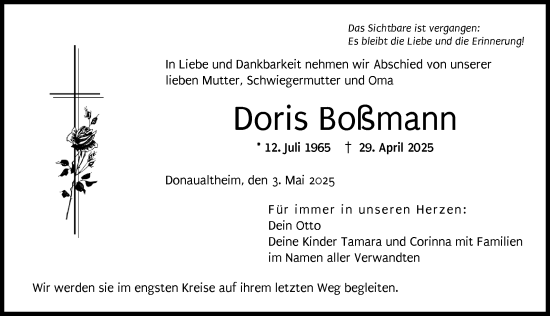 Traueranzeige von Doris Boßmann von Donau Zeitung