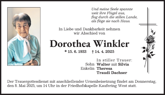 Traueranzeige von Dorothea Winkler von Landsberger Tagblatt