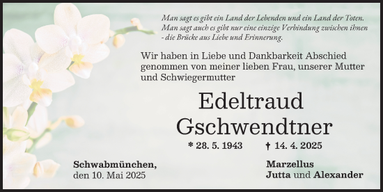 Traueranzeige von Edeltraud Gschwendtner von Schwabmünchner Allgemeine