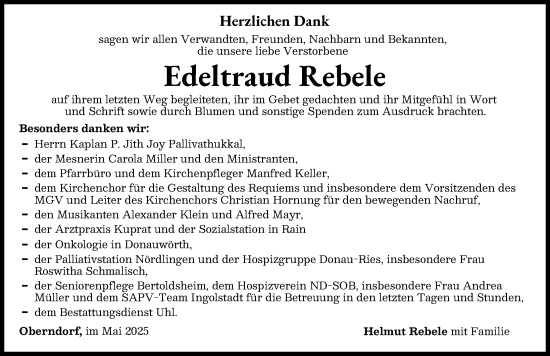 Traueranzeige von Edeltraud Rebele von Donauwörther Zeitung