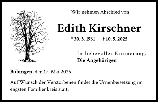Traueranzeige von Edith Kirschner von Schwabmünchner Allgemeine