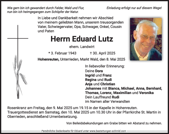 Traueranzeige von Eduard Lutz von Mindelheimer Zeitung