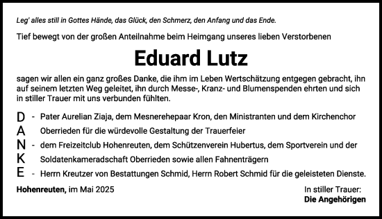 Traueranzeige von Eduard Lutz von Mindelheimer Zeitung
