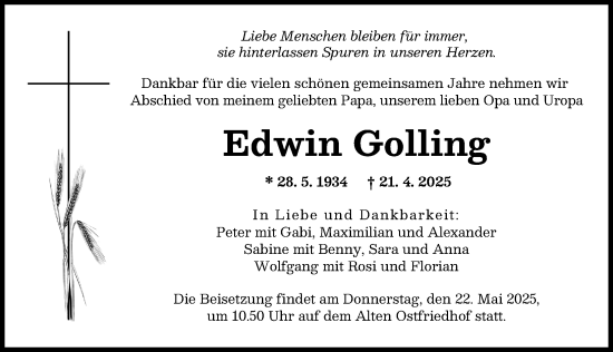 Traueranzeige von Edwin Golling von Augsburger Allgemeine