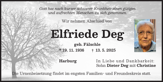 Traueranzeige von Elfriede Deg von Donauwörther Zeitung